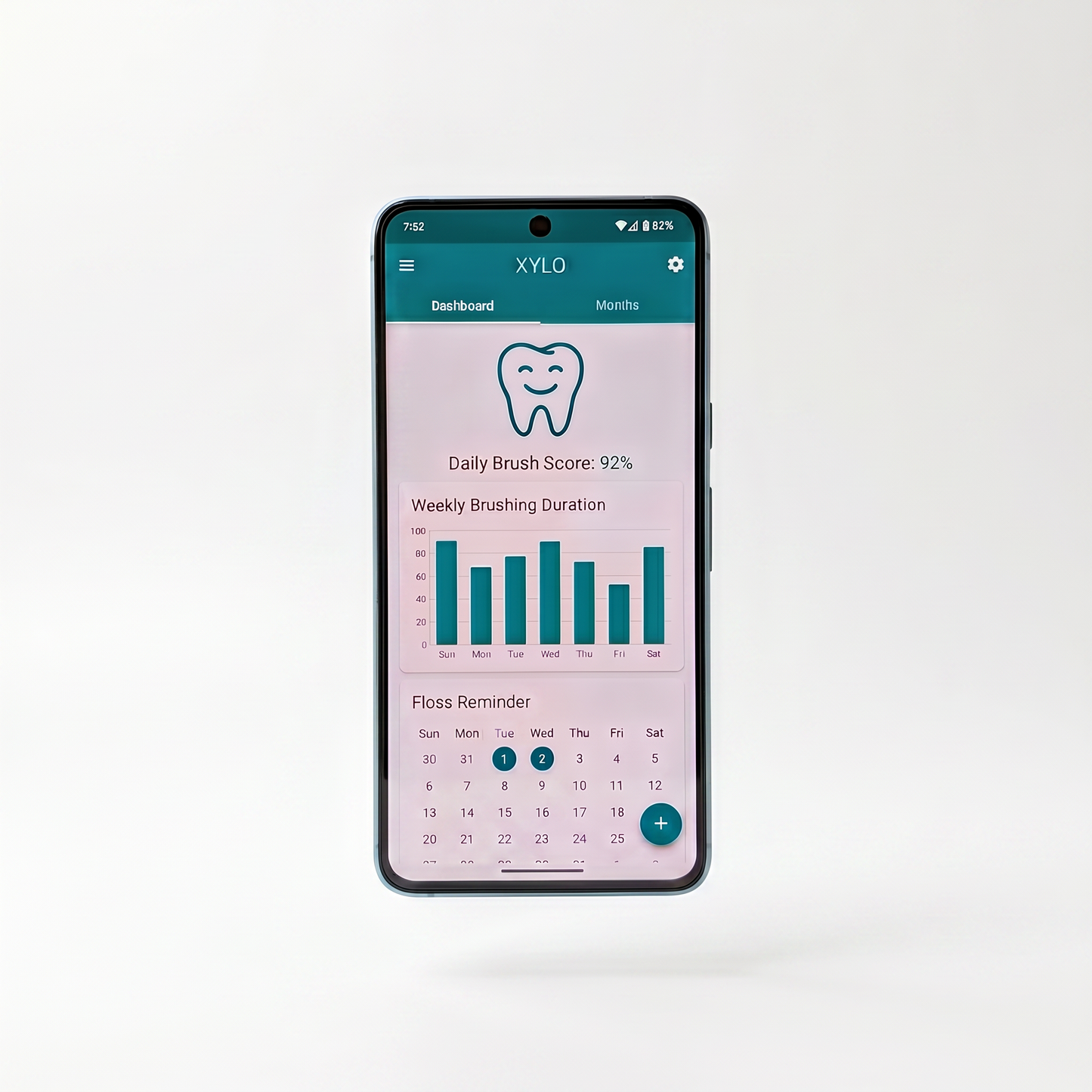 Xylo Daily app on phone showing brush score dashboard