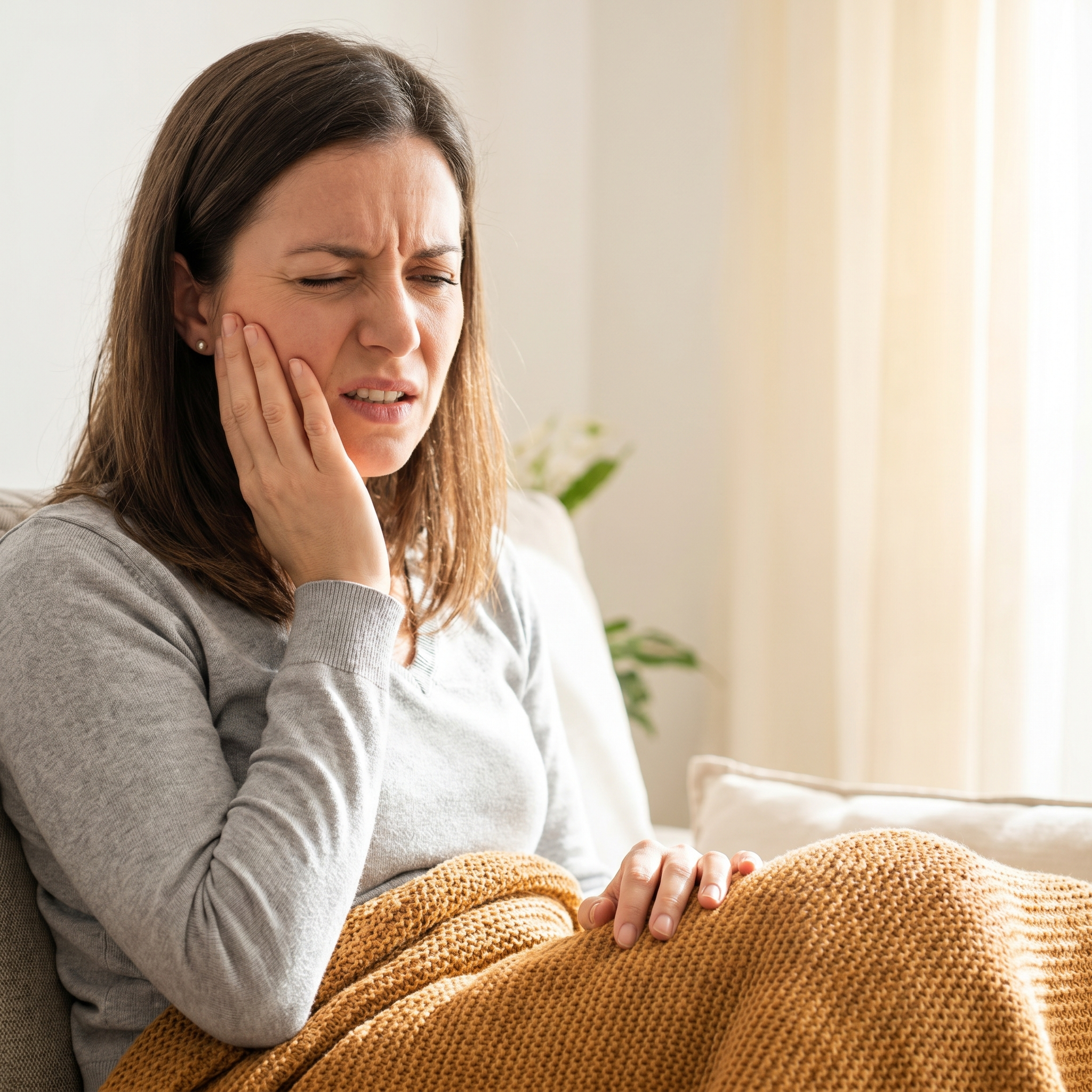 Woman wincing from tooth pain